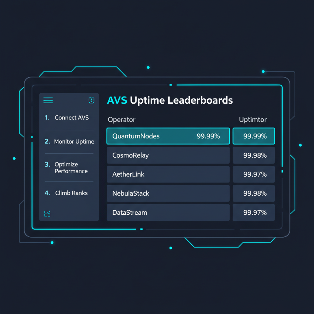 sleek dashboard displaying AVS uptime leaderboards with top operators highlighted, futuristic UI, blue neon accents