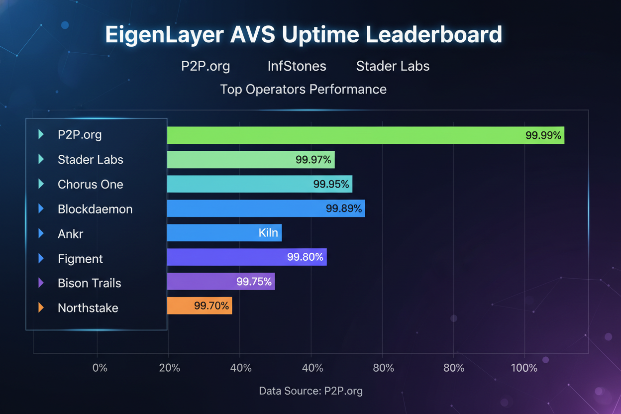 2026 EigenLayer AVS uptime leaderboard chart ranking top 10 operators including P2P.org, InfStones, Stader Labs, B-Harvest with performance bars for node runners