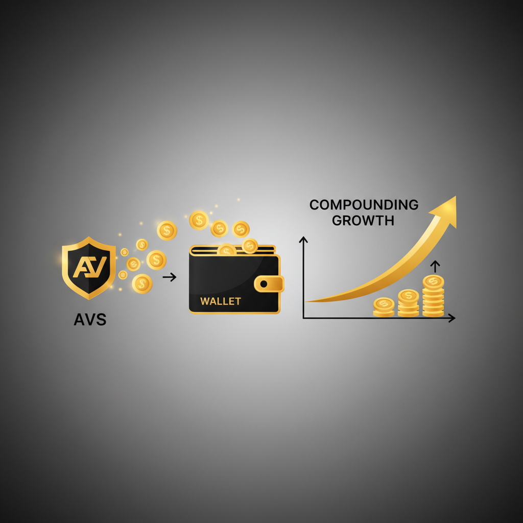flow of golden reward tokens from AVS to wallet, compounding growth chart, luxurious crypto finance aesthetic